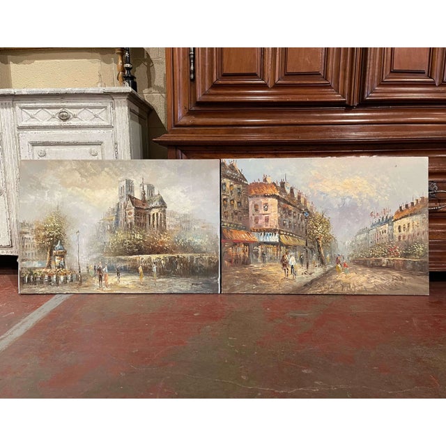 Decorate a study wall or office with this elegant pair of colorful antique paintings! Hand painted on stretched canvas in...