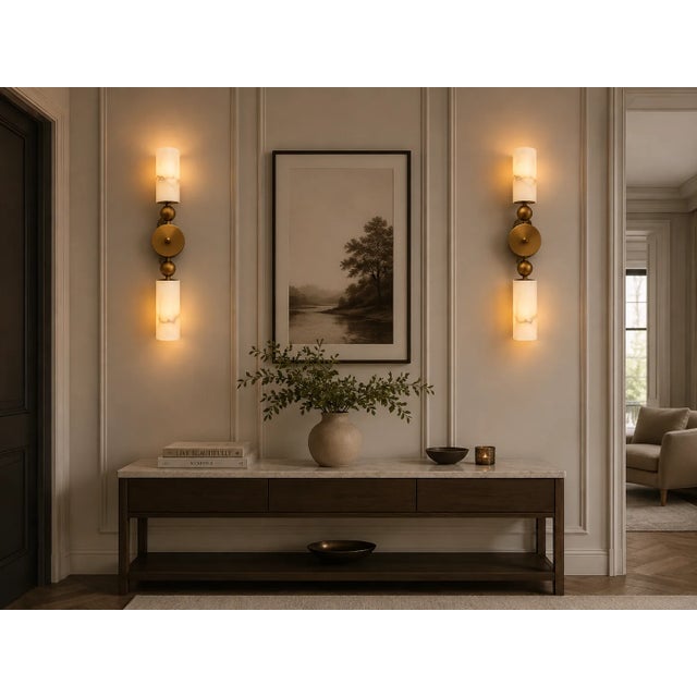 Contemporary Brass Double Wall Sconce With Natural Alabaster Shades, Contemporary Double Wall Sconce, Natural Stone Lighting for Bedroom & Hallway For Sale - Image 3 of 9