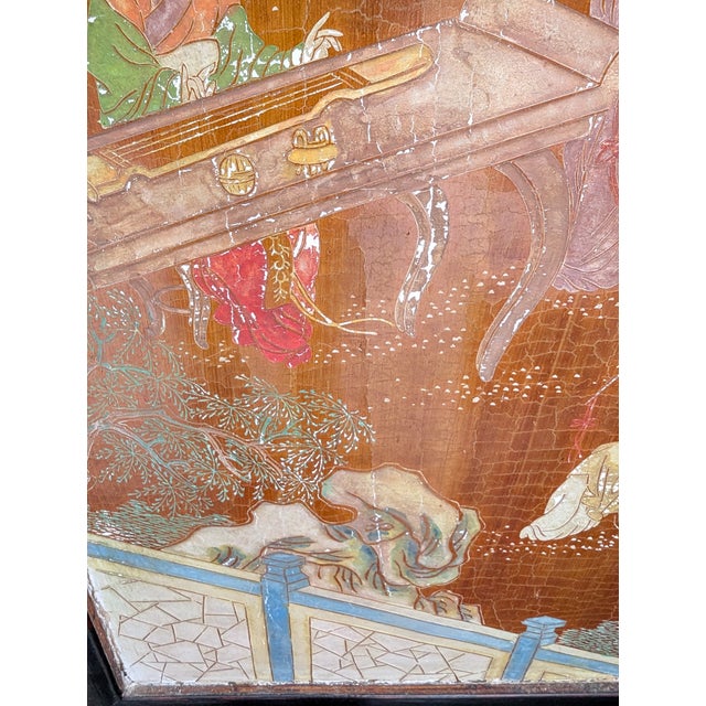 1940s Chinese Coromandel Four Panel Hand Painted Folding Screen /Partition For Sale - Image 11 of 17
