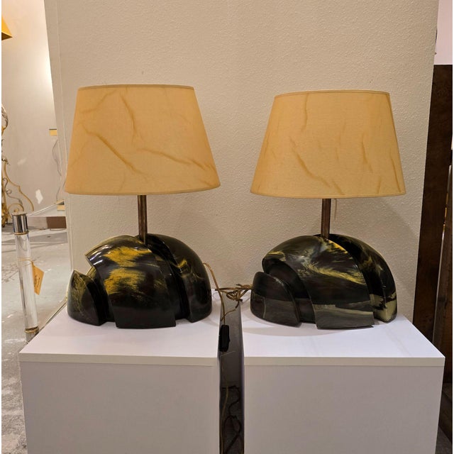 Pair of vintage large marble base table lamps or desk lamps, France 1960s. The sculpted marble is dark green with beige...