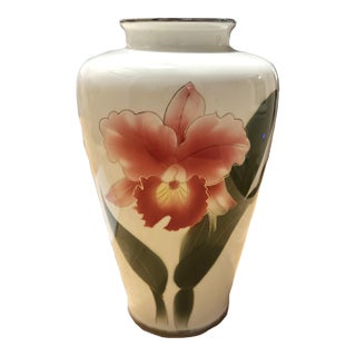 Cloisonné‑Style Hand‑Painted Porcelain Vase With Silver Trim For Sale