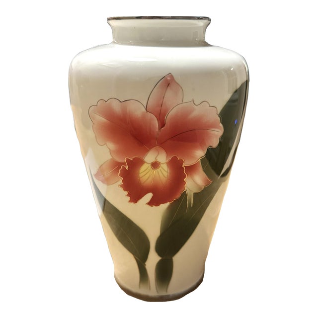 Cloisonné‑Style Hand‑Painted Porcelain Vase With Silver Trim For Sale