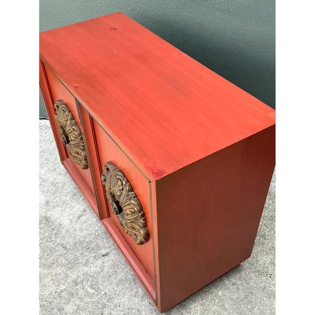 Wood Vintage Lane Red Cabinet With Ornate Medallions For Sale - Image 7 of 14