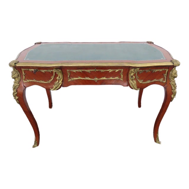 French Green Leather Top With Metal Accent Large Partner Desk 6117 For Sale