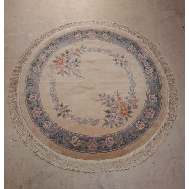 Textile Vintage Round Chinese Floral Wool Rug With Sculpted Botanical Design & Fringe For Sale - Image 7 of 7