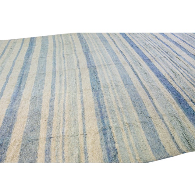 2020s Modern Moroccan Style Handmade Stripe Pattern Ivory and Blue Wool Rug For Sale - Image 5 of 10
