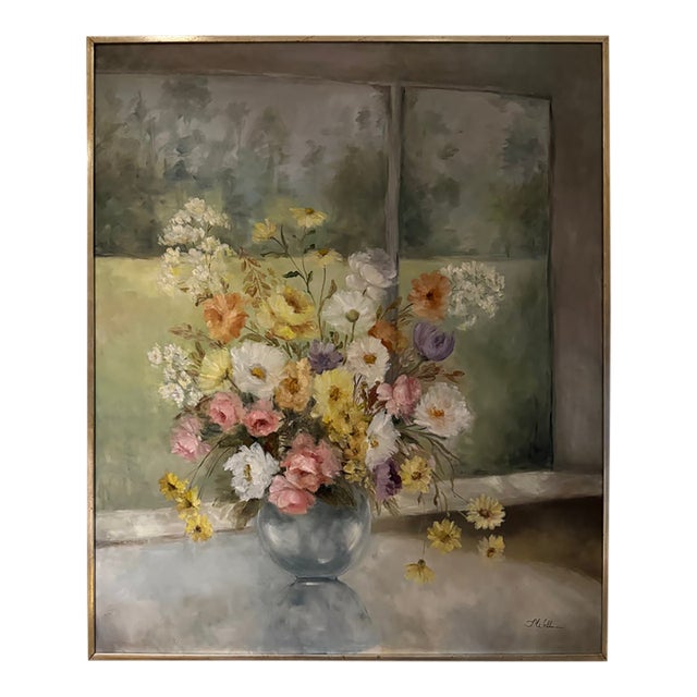 Large 49" Mid-Century Modern Floral Still Life Oil Painting by Ilona Wellman For Sale
