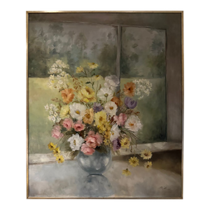 Large 49" Mid-Century Modern Floral Still Life Oil Painting by Ilona Wellman