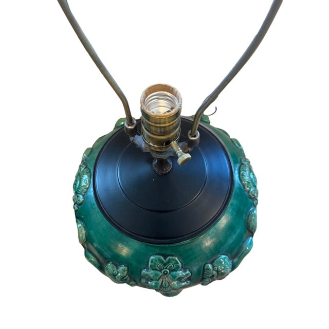 Mid 20th Century Pair of Antique Jade and Emerald Green Chinese Majolica Ceramic Lamps For Sale - Image 5 of 6