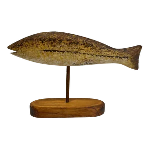 Vintage Wood Carved Hand Painted Fish Sculpture by Randy Hofman