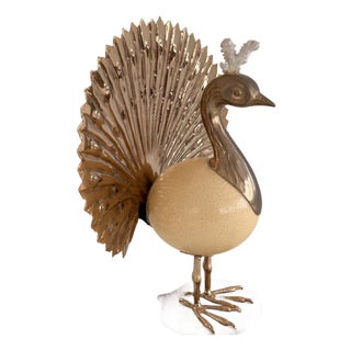 Vintage Italian Brass and Ostrich Egg Bird Sculpture by Antonio Pavia, 1970s For Sale