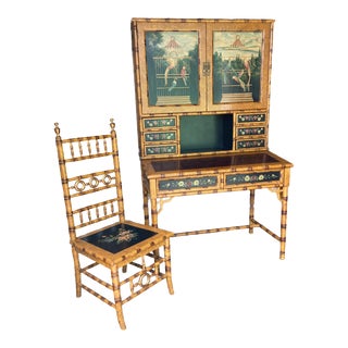 1970s Hand Painted Asian Chinoiserie Secretary Desk and Chair - Set of 3 For Sale