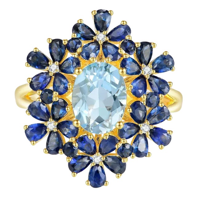Nina Zhou Aquamarine Sapphire Diamond Blossom Cocktail Ring in 14k Yellow Gold, size 9 For Sale