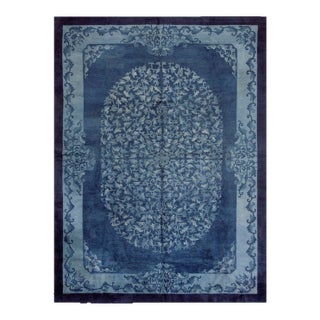 1920s Deco Blue Field and Elegant Floral-Medallion Antique Chinese Peking Rug For Sale