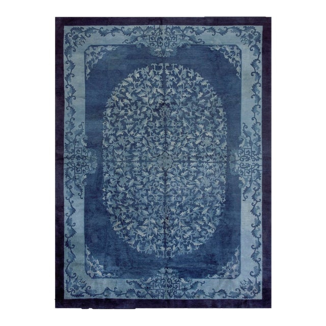1920s Deco Blue Field and Elegant Floral-Medallion Antique Chinese Peking Rug For Sale