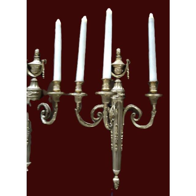Large French Louis XVI Style Bronze Three-Arm Wall Sconces, 1950s, Set of 2 For Sale - Image 10 of 18