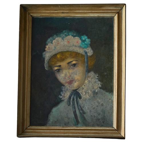 Belgian Interbellum Artist, Portrait of a Woman in Flowered Bonnet, 1920s-1940s, Oil Painting, Framed For Sale - Image 11 of 11