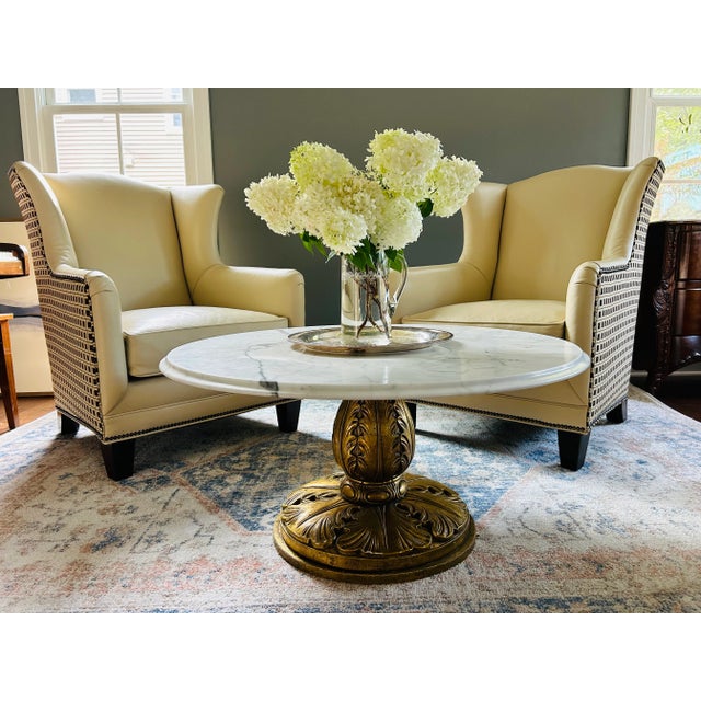 1960s Conmar Italian Hollywood Regency Coffee Table With Carrara Marble Top | Hand-Carved Giltwood Acanthus Pedestal | Made in Italy For Sale - Image 13 of 15
