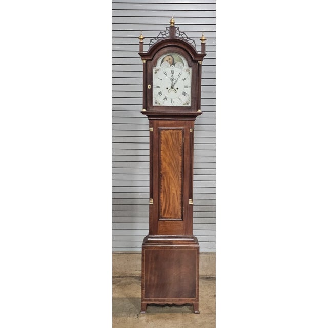 Store Item: Antique Early 19th Century New England Roxbury Style Tall Case Grandfather Clock with Wilson Dial Description:...