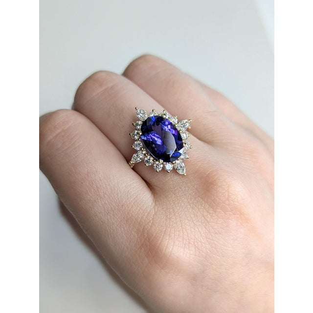 Seeking a true showstopper? This majestic 3.72-carat oval Tanzanite ring dazzles with vivid color, embraced by a radiant...