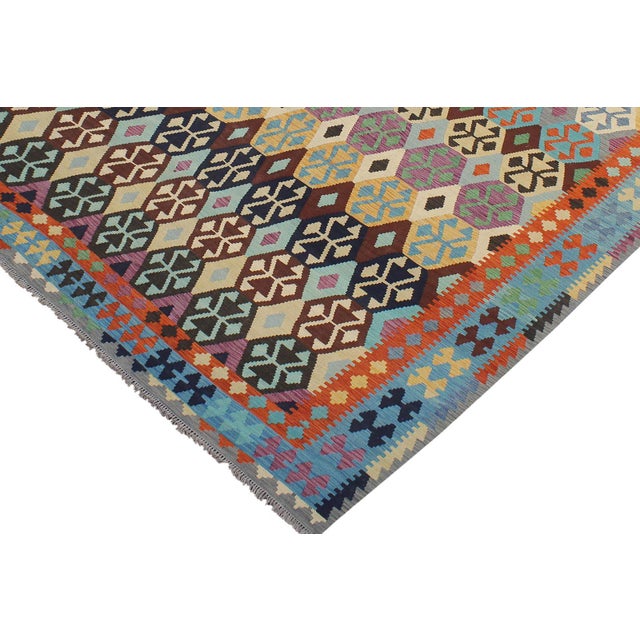 Tribal Kilim Rust Blue Wool Rug For Sale - Image 3 of 8