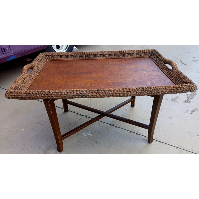 Vintage Seagrass and Koa Wood Large Tray Table Butler Table Coffee Table For Sale In Naples, FL - Image 6 of 10