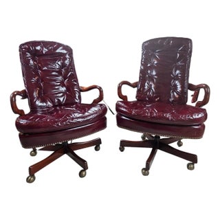 1994 Classic Leather Burgundy Top-Grain Leather Tufted Executive Swivel Chairs – Pair For Sale