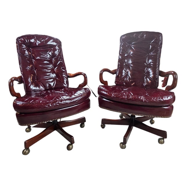 1994 Classic Leather Burgundy Top-Grain Leather Tufted Executive Swivel Chairs – Pair For Sale