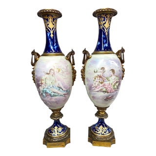 1850s Sevres Louis XVI Blue Bronze Porcelain Vases - Pair For Sale