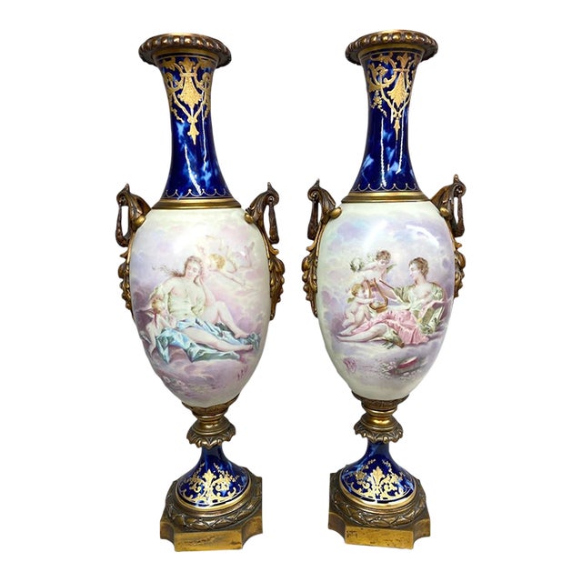 1850s Sevres Louis XVI Blue Bronze Porcelain Vases - Pair For Sale