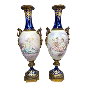 1850s Sevres Louis XVI Blue Bronze Porcelain Vases - Pair