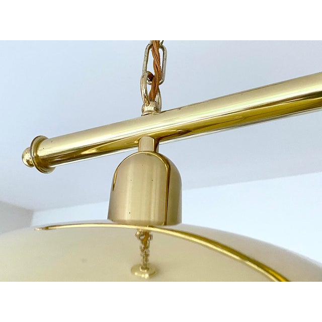 Very large vintage pool pendant light, all brass structure with 2 domes reflectors dimensions h 35.43 in x w 47.63 in x d...