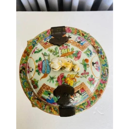 Antique Rose Medallion /Mandarin Jar With Metal Strap Lid For Sale - Image 11 of 12