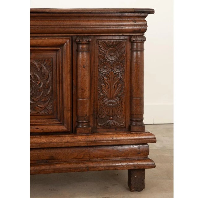 French 18th Century Solid Oak Carved Coffer-Trunk For Sale - Image 4 of 13