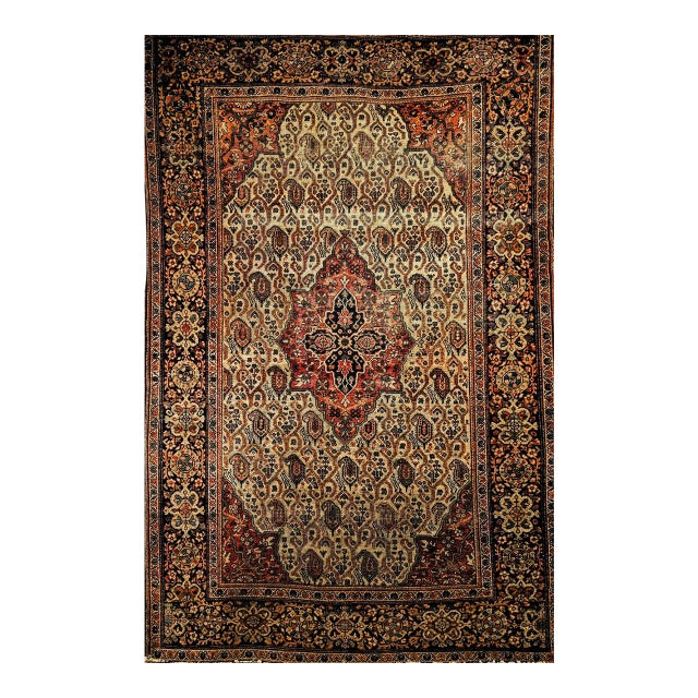 19th Century Persian Farahan Rug, Hand-Knotted Wool, Paisley Pattern, Pale Green & Navy, 4x6 For Sale