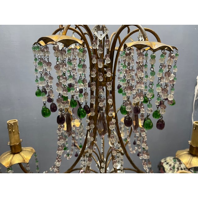 Italian Florentine Tole Gilt Murano Glass Beaded 6-Light Chandelier, 1950s For Sale - Image 3 of 17
