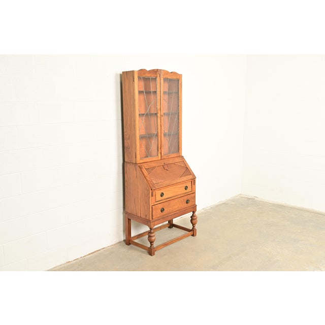 Antique English Art Deco Carved Oak Drop Front Secretary Desk With Leaded Glass Bookcase Hutch For Sale - Image 4 of 17