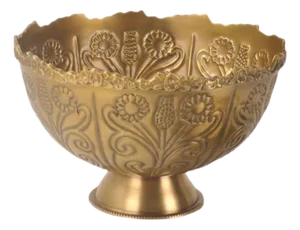 Vintage Brass Embossed Floral Pedestal Fruit Bowl - European Palace Style Decor Bowl