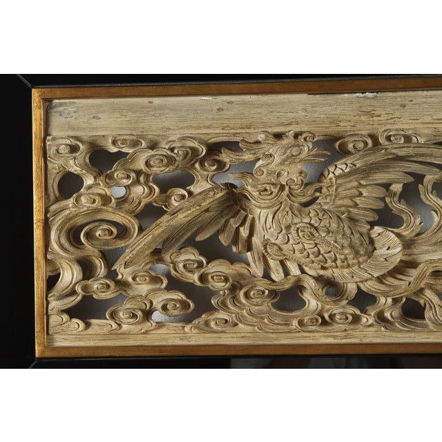 1960s 1960s Oriental Carving Framed in Black Mirror and Gilded Wood For Sale - Image 5 of 8