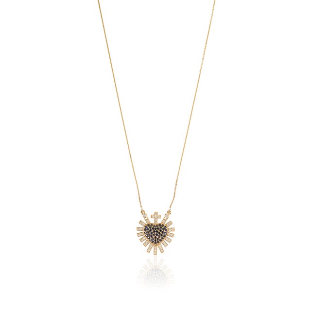 Blue Sapphire Diamond Sacred Heart Sunburst Pendant Necklace in 14k Yellow Gold For Sale In New York - Image 6 of 16
