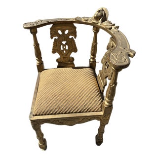 Vintage Gold Wooden Corner Chair With Cushion For Sale