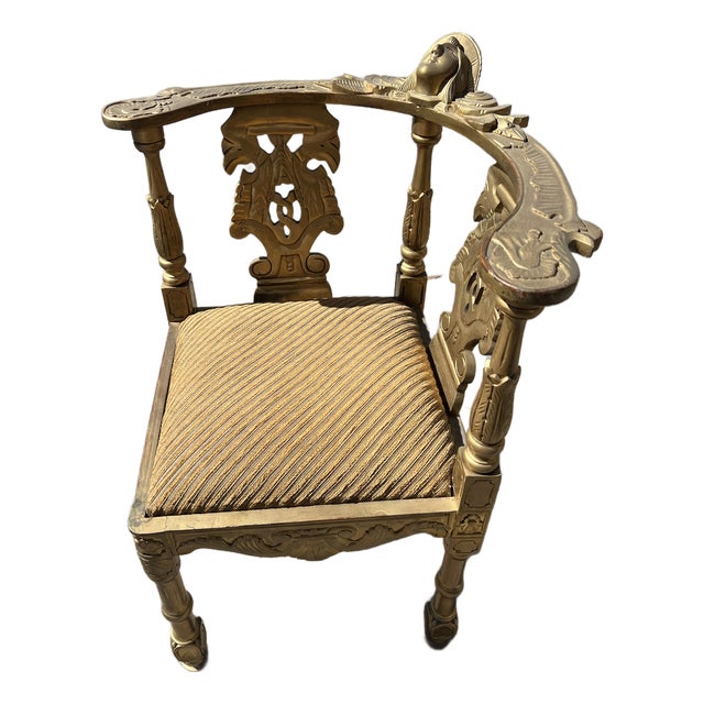 Vintage Gold Wooden Corner Chair With Cushion For Sale
