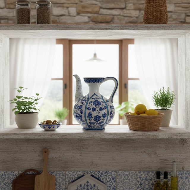 Traditional Handmade Ceramic Ewer (20cm) – Blue and White Panel Pattern – Traditional Ibrik Form For Sale - Image 3 of 13