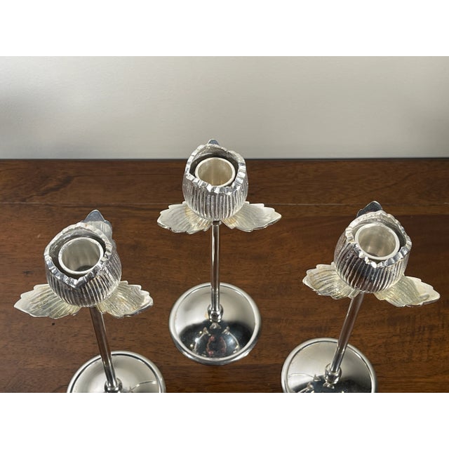 Vintage Set of 3 Silver-Plated Candle Holders in Tulip Shape For Sale - Image 4 of 5