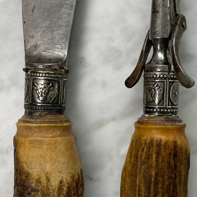 Mid 19th Century 19th Century Antler Handle Carving Set With Silver-Plated Ram’s Head Hilt - Set of 2 For Sale - Image 5 of 6