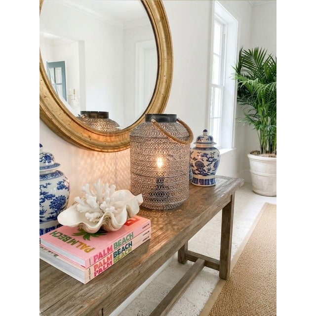 Vintage Industrial Mesh Lantern Table Lamp With Jute Rope Handle For Sale - Image 10 of 12