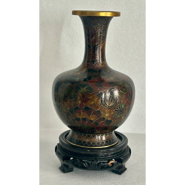 Vintage Cloisonné Vase Earth Tones With Carved Wooden Base For Sale - Image 11 of 16