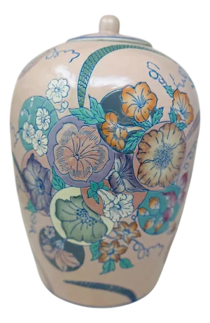 Vintage Famille Rose Porcelain Ginger Jar With Lid | Chinoiserie Floral Pattern, Pink and Pastel Hand-Painted Vase