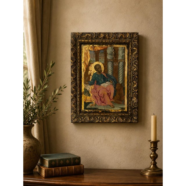 Mediterranean Antique Greek Orthodox Icon – St. Luke the Evangelist With Ox, Hand-Painted Tempera Gilded Wood 17.5” X 13” Rare Find For Sale - Image 3 of 12