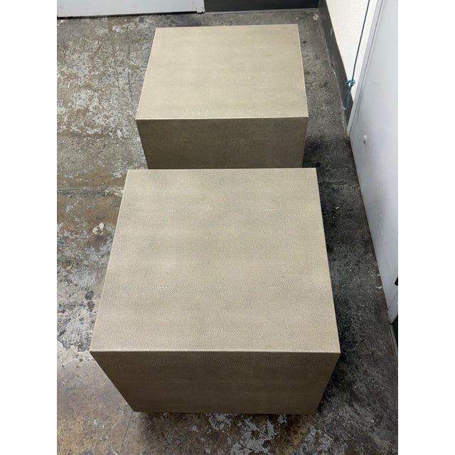 Metal Restoration Hardware Gray Shagreen Plinth Side Tables, Pair For Sale - Image 7 of 12